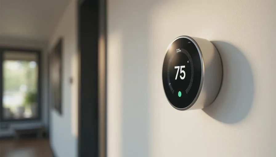 A basic temperature schedule often delivers more comfort than complex features Smart thermostat mounted on a hallway wall in a family home, simple schedule visible on screen, natural daylight