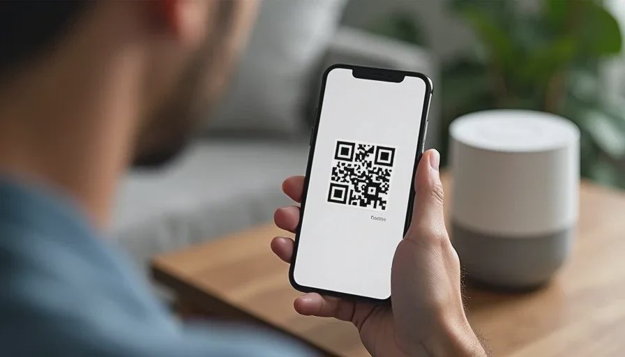 Person using a smartphone to scan a QR code on a smart home device during Matter setup in a home