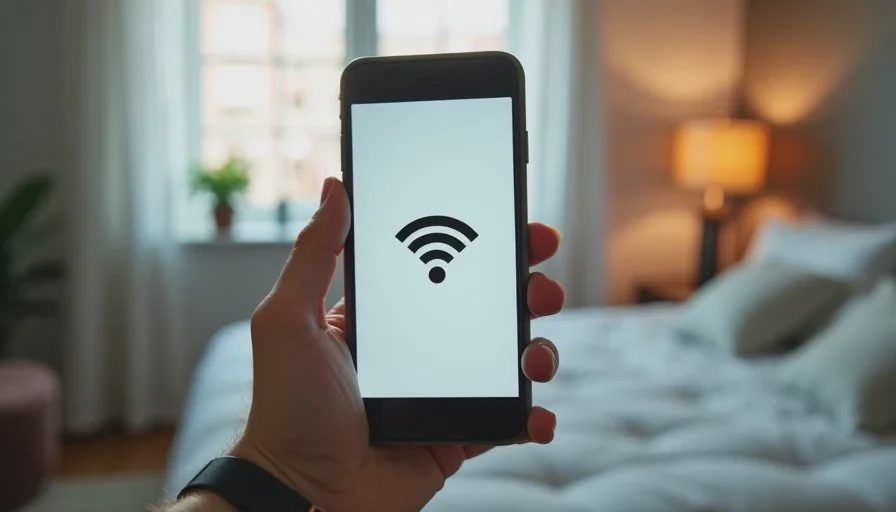 Smartphone showing weak WiFi signal reading in a far upstairs bedroom during testing