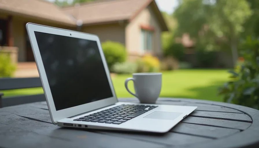 Patio coverage was the most noticeable daily improvement Laptop open on a backyard patio table testing WiFi signal during a mesh system evaluation, suburban home exterior