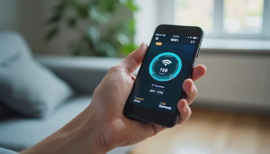 Checking real signal strength where the family actually uses devices Close view of a smartphone screen showing WiFi analyzer app during a home signal walk test in a living room