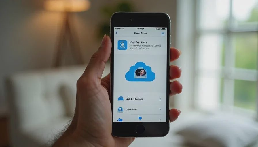 Smartphone screen showing photo backup status and cloud sync in progress for family pictures