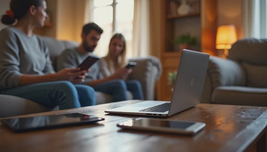 Multiple family devices including phones, tablets and a laptop connected in a living room during evening use