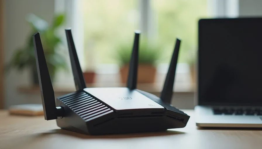 Close view of a Wi-Fi 7 router on a home office desk next to a laptop during real-world testing