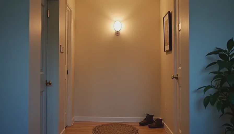 Entryway lighting that responds to presence removes daily friction Modern entryway of an American home with smart ceiling light illuminated and a small motion sensor visible on the wall