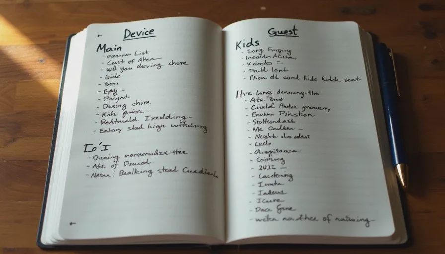 Notebook page with handwritten list of household devices grouped into main, kids, guest and IoT categories