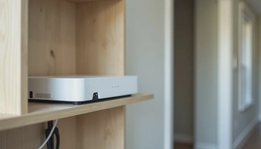 Compact WiFi access point placed on a high shelf in an upstairs hallway, clean installation