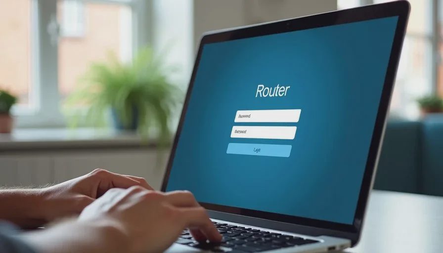 Changing the router admin password is the highest-value first step Close view of laptop screen showing router login page and password field in a home office setting