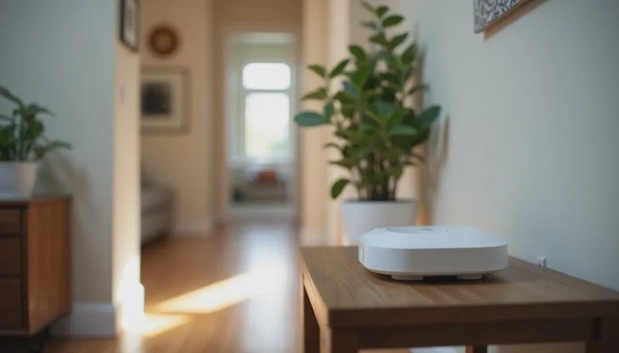 Upstairs node placement made the biggest indoor difference Mesh WiFi node sitting on a small table in an upstairs hallway of a family home, neutral walls and wooden floor