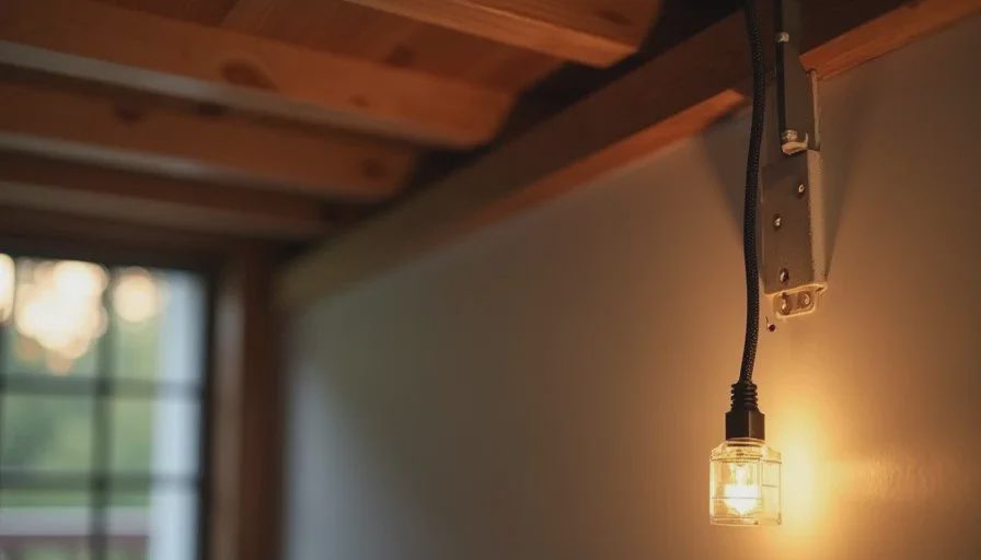 Ethernet cable neatly routed along a basement ceiling or closet path in a family home