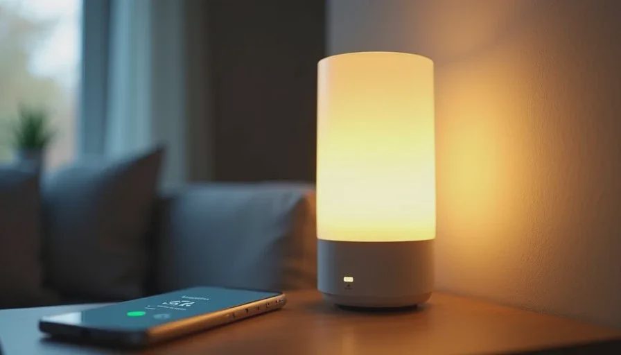 Smart light turning on in a living room while a phone shows offline or local control status