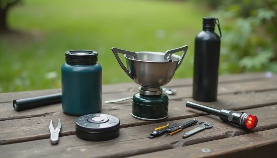 Simple essential camping gear laid out on a picnic table: stove, headlamp, multi-tool, water bottle