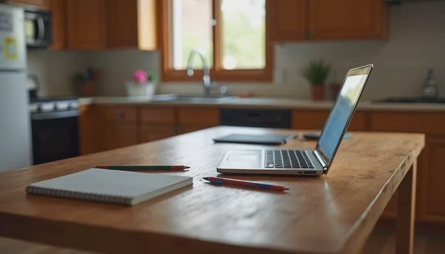 Evening homework reveals the real cost of unreliable home WiFi American family kitchen table with open laptop and tablet during evening homework, soft overhead light, two-story suburban home interior