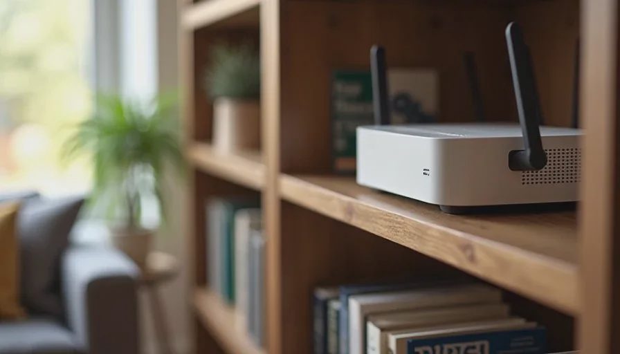 Close view of a WiFi router on an elevated bookshelf in a family living area, good airflow and central position