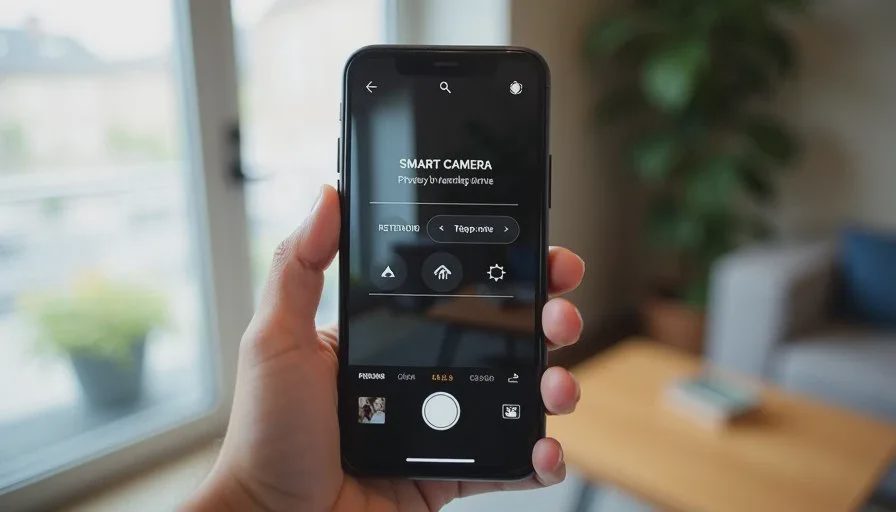 Smartphone screen showing smart camera app privacy and sharing settings in a home environment