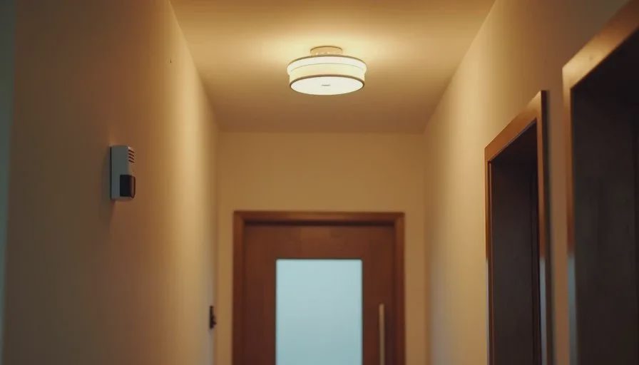 Modern entryway with smart ceiling light illuminated and a discrete motion sensor on the wall