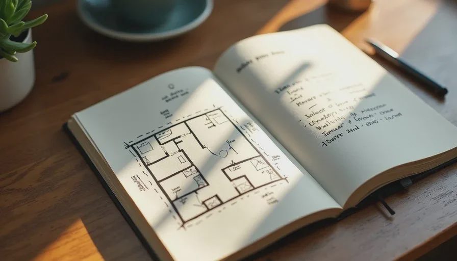 Simple hand-drawn map is enough to guide better WiFi decisions Hand-drawn simple floor plan notebook page with WiFi dead zone notes and router location marked, pen beside it