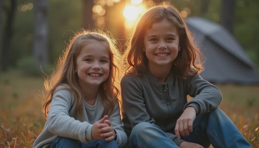 Family sitting together at a simple campsite in the evening, technology minimal and secondary to the experience