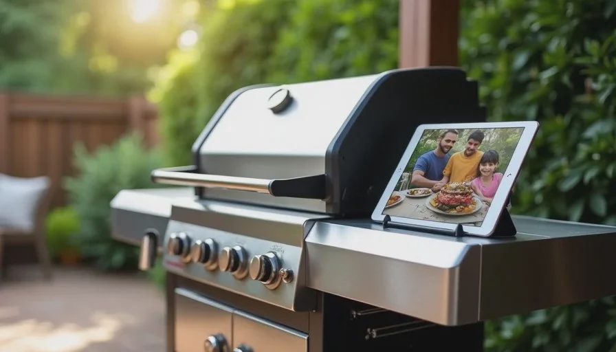 Grill-side coverage matters when the cook needs a recipe or music Outdoor grill area with a tablet propped on the side shelf, testing WiFi while preparing for a family cookout