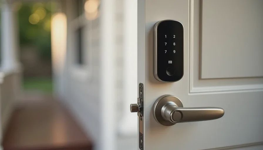 Smart lock installed on a family home front door, clean modern look with physical key backup visible