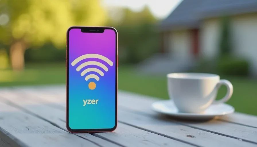 Checking real signal strength where the family actually sits Smartphone showing WiFi signal reading on an outdoor patio table during a backyard coverage test