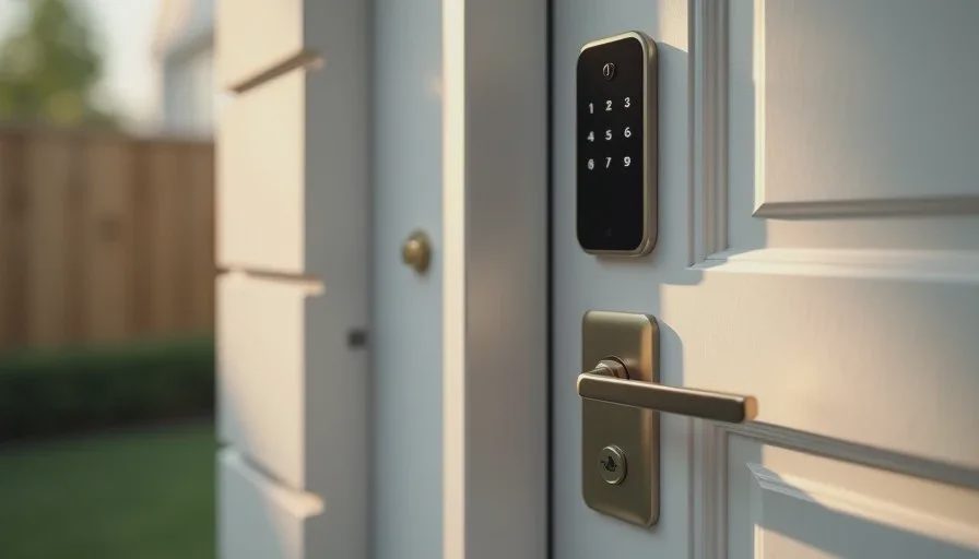 Smart door lock installed on a front door of a family home, clean modern design