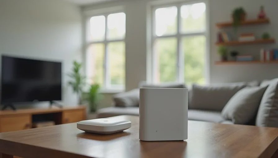 Two mesh WiFi nodes placed discreetly on a living room console and bookshelf in a family home, natural daytime light