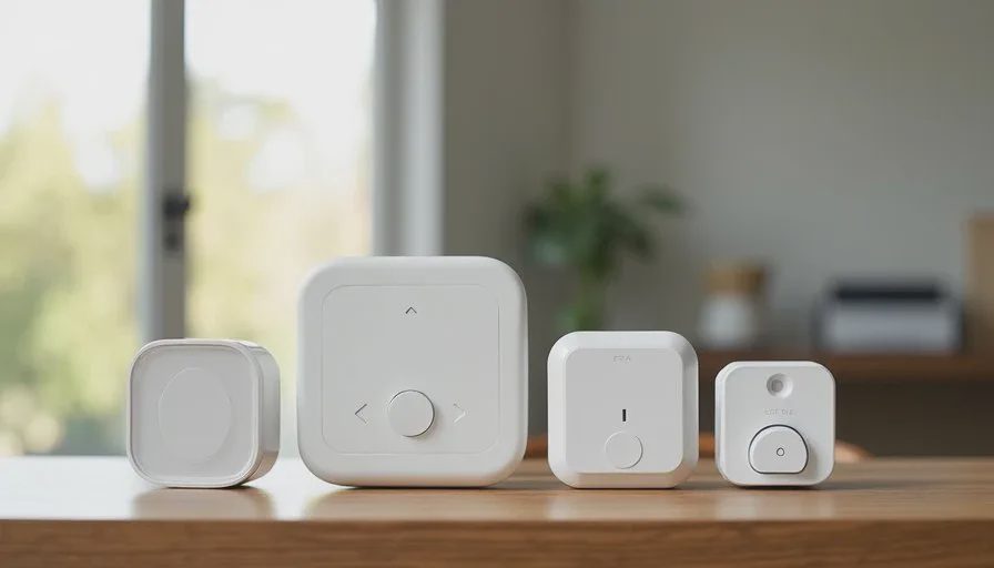 Simple diagram-like flat lay of budget smart-home priorities: lighting, lock, thermostat, plugs