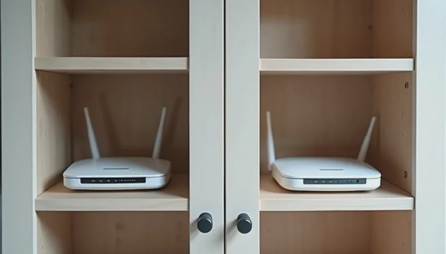 Split view showing poor router placement in a cabinet versus better elevated open placement in the same home