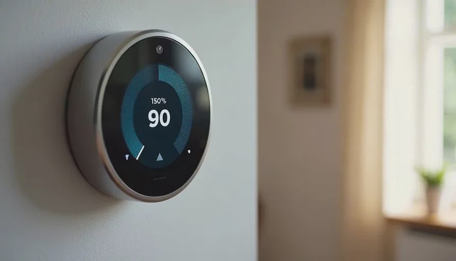 Smart thermostat on a wall displaying a local schedule while internet is unavailable