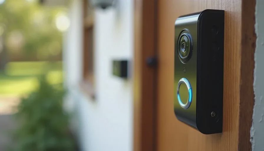Video doorbell camera installed at the entrance of a family home, viewed from outside