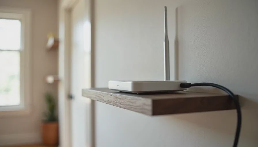 Wired WiFi access point installed on an upstairs hallway shelf, Ethernet cable connected