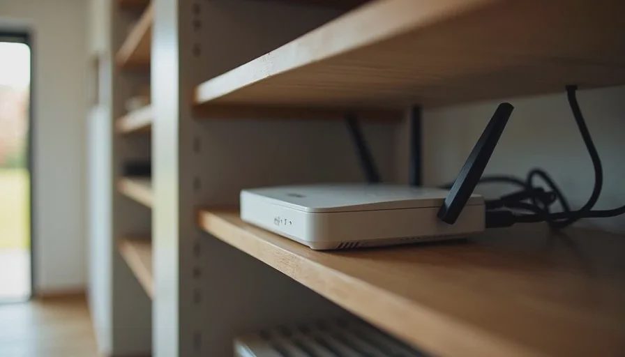 WiFi router placed on a shelf in a central hallway closet of a two-story American home, clean organized space